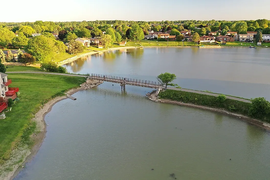 Lake and walking bridge in Sterling Heights, Michigan
